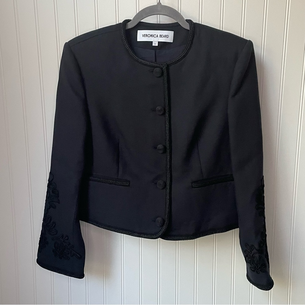 Veronica Beard Latrell Embroidered Jacket Dark Navy Cropped Lady Jacket